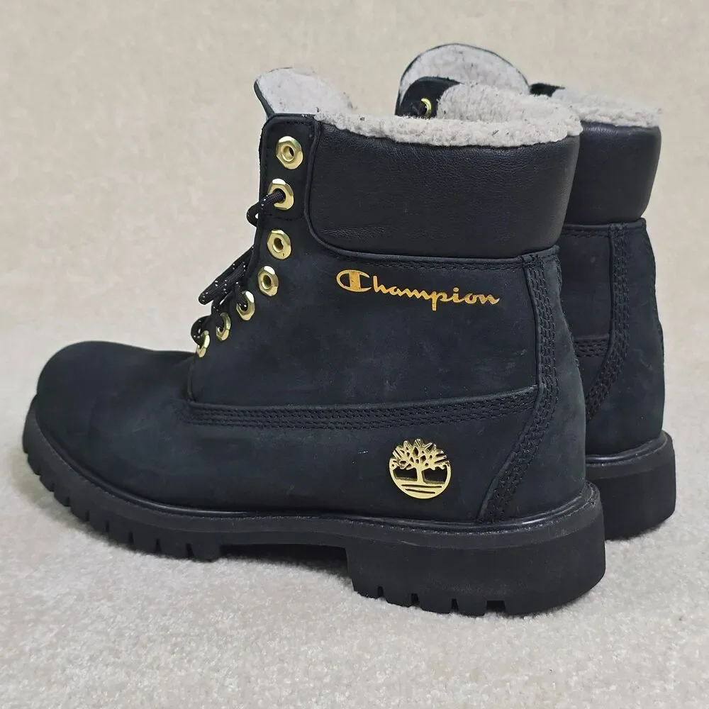 Timberland xChampion Collab Boots Black Gold 6” Shearling Streetwear 8M